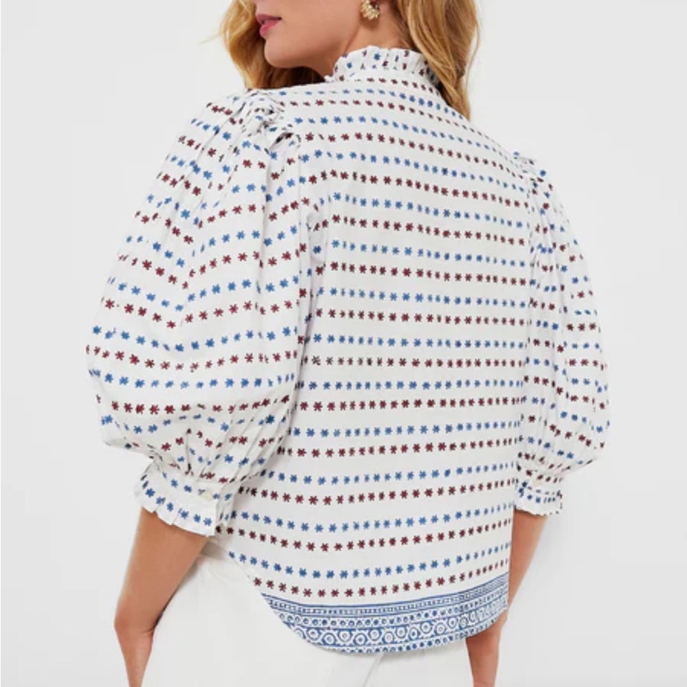 NWT Oliphant Ellis Blue Ruffle Front Blouse - Picture 2 of 10